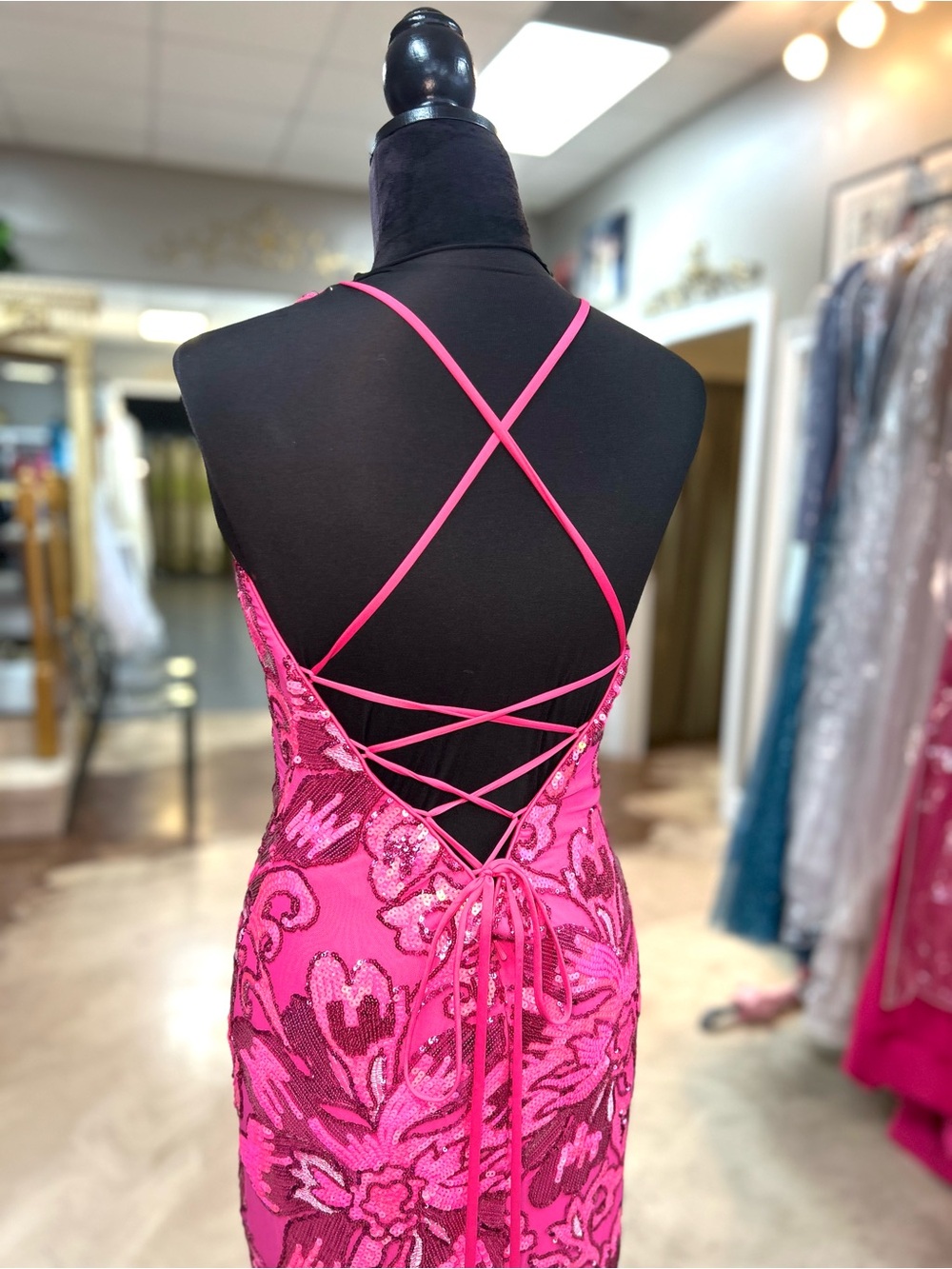 Jovani Hot Pink and Gold V-Neck Sequin Floral Prom Gown - Picture 4 of 6